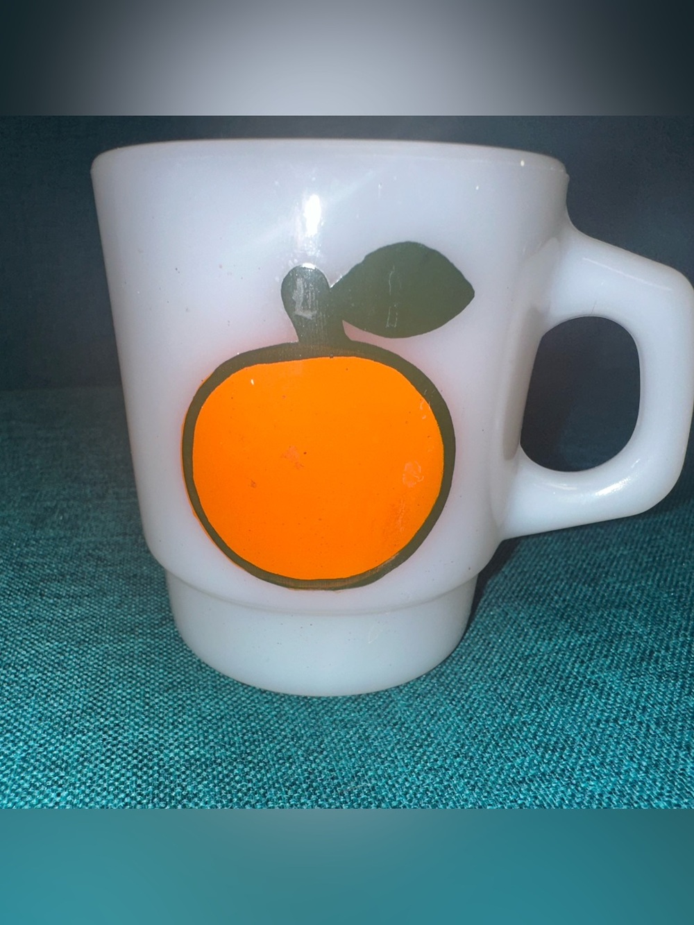 Vntg Orange Fruit Anchor Hocking Coffee Cup Stackable White Milk Glass Fire King